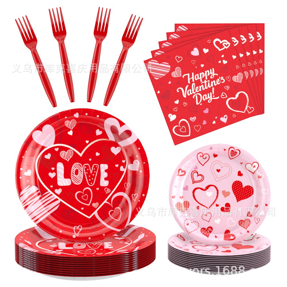 2025 Día de San Valentín decoración de la fiesta amor rojo bandeja de papel desechable taza de papel toalla set de cubiertos de fiesta