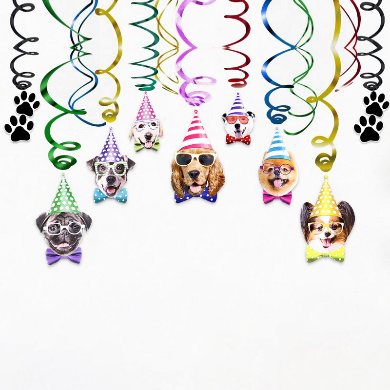 Perro de mascota decoración de fiesta de cumpleaños PVC colgante espiral banner impresión de garra de perro tema colgante colgante espiral