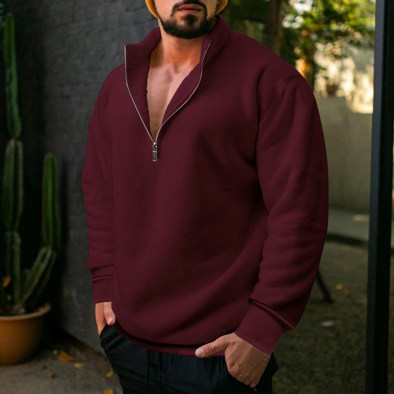 Sudadera de terciopelo para hombre, estilo informal, holgada, con cuello alto, media cremallera, color sólido, para otoño e invierno, de Amazon, transfronteriza.