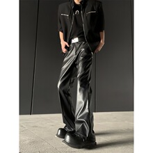 2025美式复古高级感PU皮休闲皮裤男小众设计感宽松阔腿百搭长裤