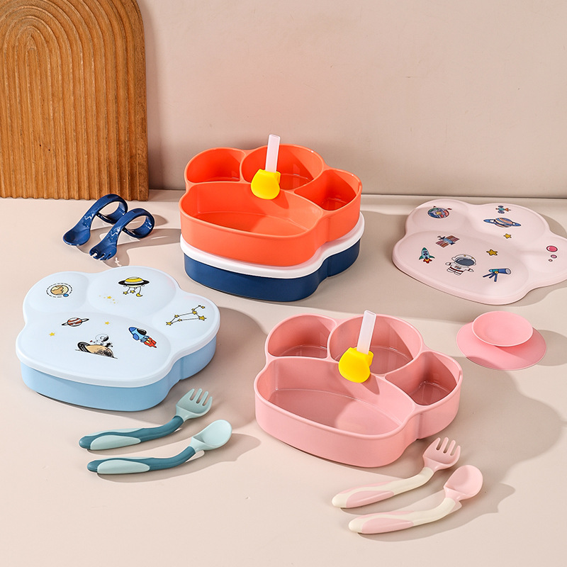 Cartoon children's plastic dinner plate complementary food feeding tableware baby compartment lunch box fresh-keeping box suction cup tableware