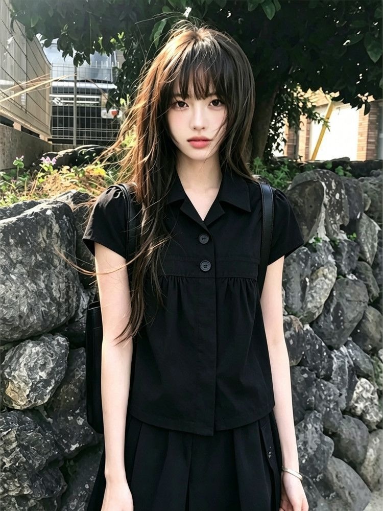 学院风黑色短袖衬衫女夏季设计感褶皱娃娃领衬衣小衫修身显瘦上衣