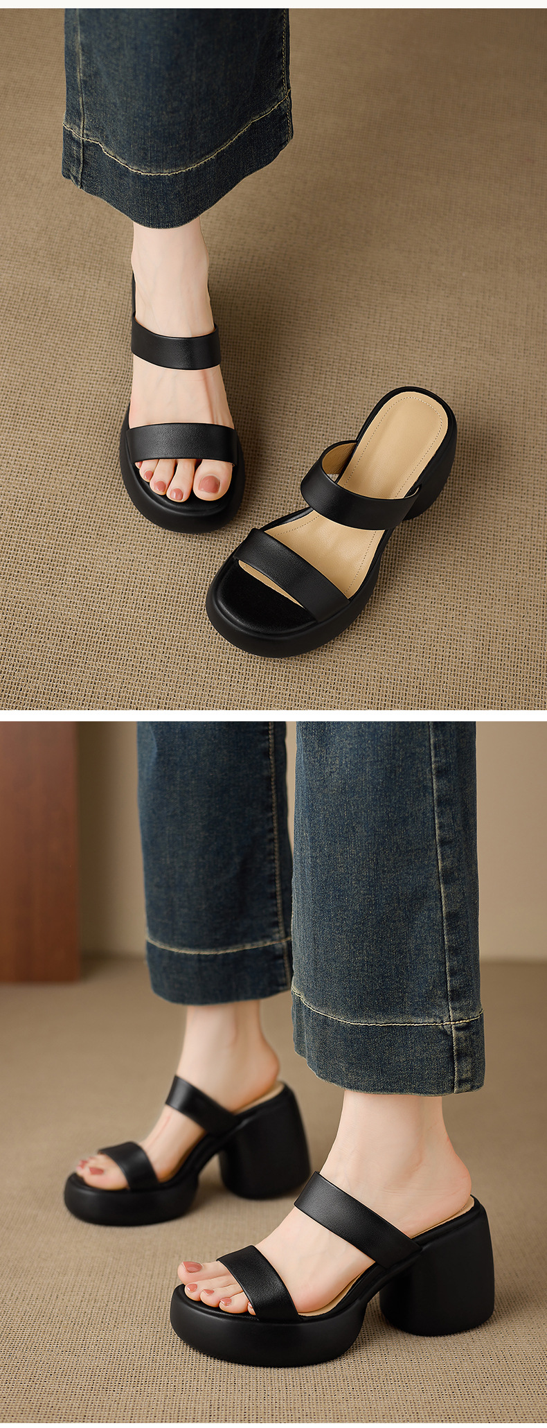 Sandal cao gót nữ quai ngang hở mũi đế xuồng gót vuông 9 cm — màu nâu, màu đen, màu trắng ngà chi tiết 9