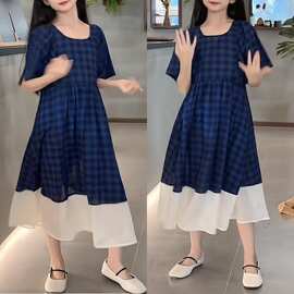 大码胖mm法式茶歇长裙U领复古网纱拼接下摆短袖格纹连衣裙女夏ins