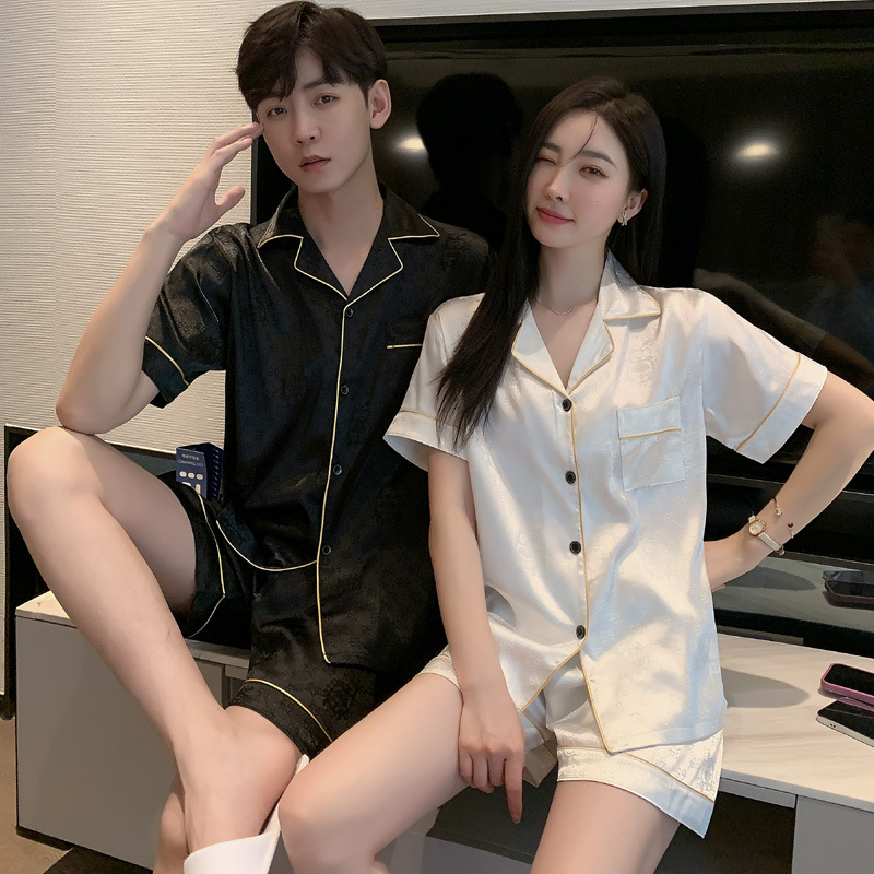 Pijamas de mujer de verano de seda de hielo de manga corta delgada de seda real de alto grado pata de gallo desgaste del hogar traje de hombre