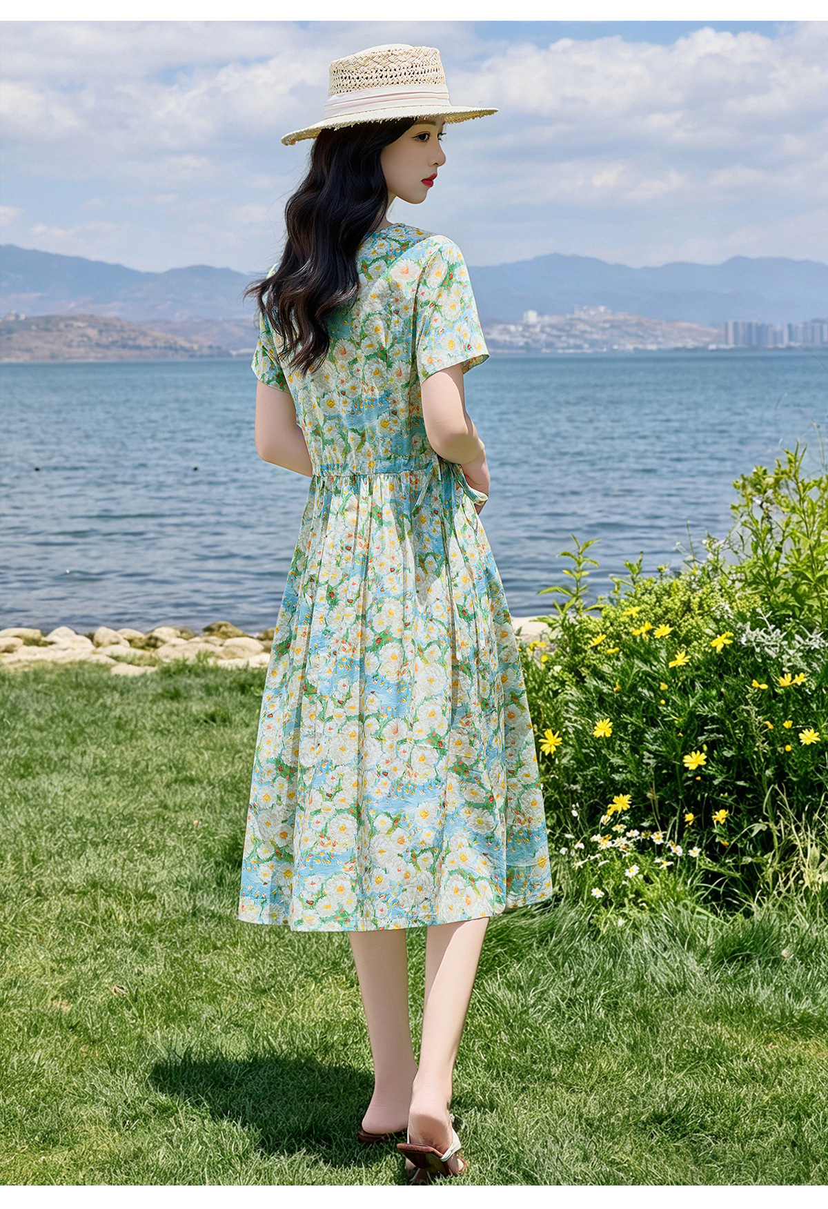 Đầm maxi nữ thắt eo họa tiết hoa nhí màu xanh lá dáng suông dài — Xanh lá cây nhạtcolor chi tiết 19