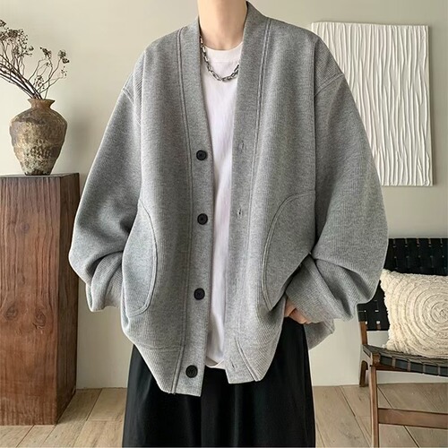 Waffle V-neck knitted jacket for men, 2025 new autumn coat, fashion brand, relaxed, worn for couples