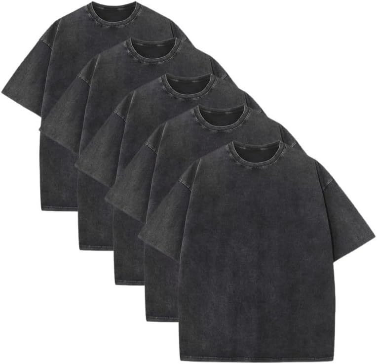 5X T-Shirt Heavyweight Cotton Vintage Washed Solid Casual Crew Neck Tee Tops Men Women