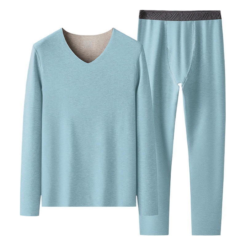 Conjunto de ropa interior térmica de lana y seda con cuello en V para hombre, otoño e invierno, con forro polar y capa base gruesa.