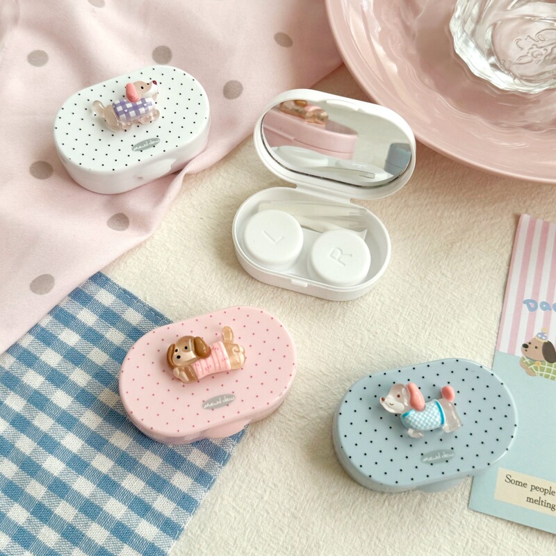 Cute Contact Lens Case with Mirror, Simple Contact Lens Companion Care Box, Polka Dot B128-3 Dog