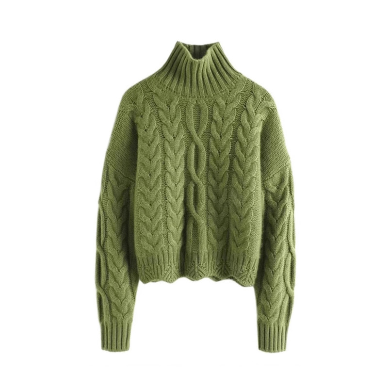 Heavy Weight Autumn and Winter Turtleneck Twist Knitwear for Women 100% Pure Wool Knitwear Thickeneded Loose Long-Sleeved High-Waisted Short Knitwear