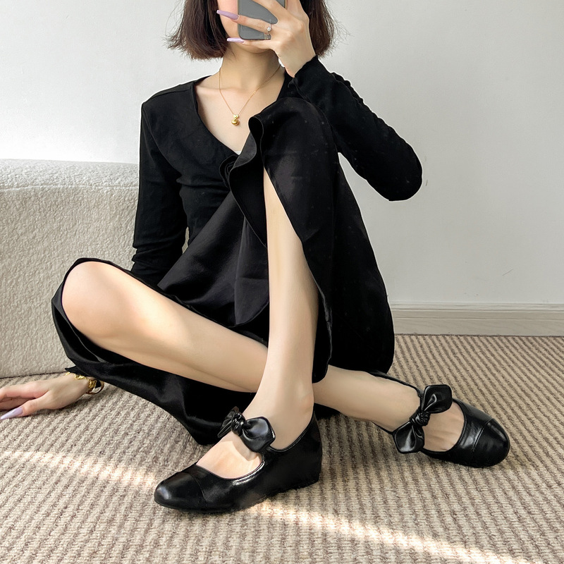法式复古小香风蝴蝶结玛丽珍鞋女2025新款可爱圆头浅口拼色平底鞋|undefined