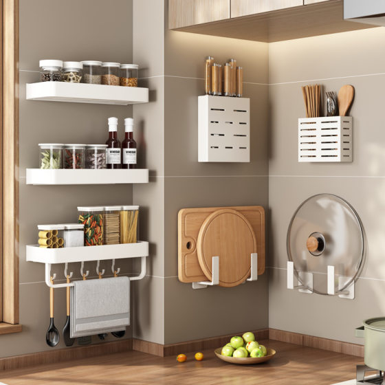 White Kitchen Storage Rack Wall-mounted Punch-free Household Knife Rack Condiment Chopping Board Cutting Board Storage Seasoning Shelf