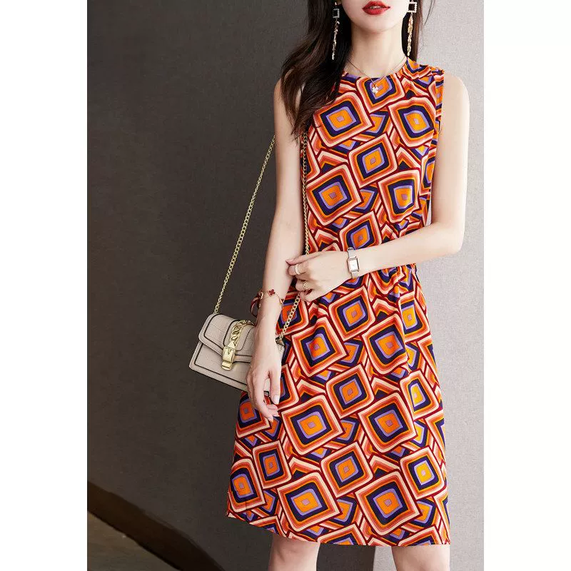 Внешняя торговля Новый безрукавный круглый вырез юбка средней одежды 2025 года нежный принт