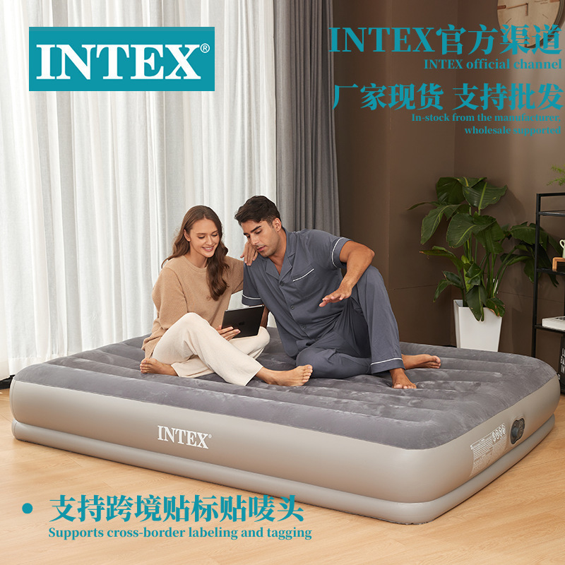 Intex Gray USB Built-In Electric Pump Double Air Bed Flocked Inflatable Mattress Wholesale
