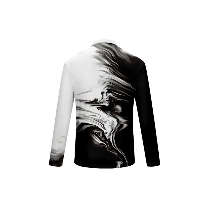 Venta caliente transfronteriza europea y americana tinta en blanco y negro tie-dye impresión 3D hombres calle alta manga larga solapa suelta cremallera camisa POLO