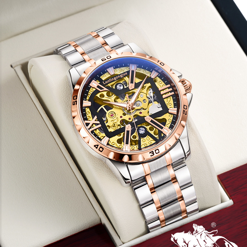 New automatic mechanical watch men's fashion atmospheric blue light mirror hollow men's watch factory foreign trade wholesale delivery