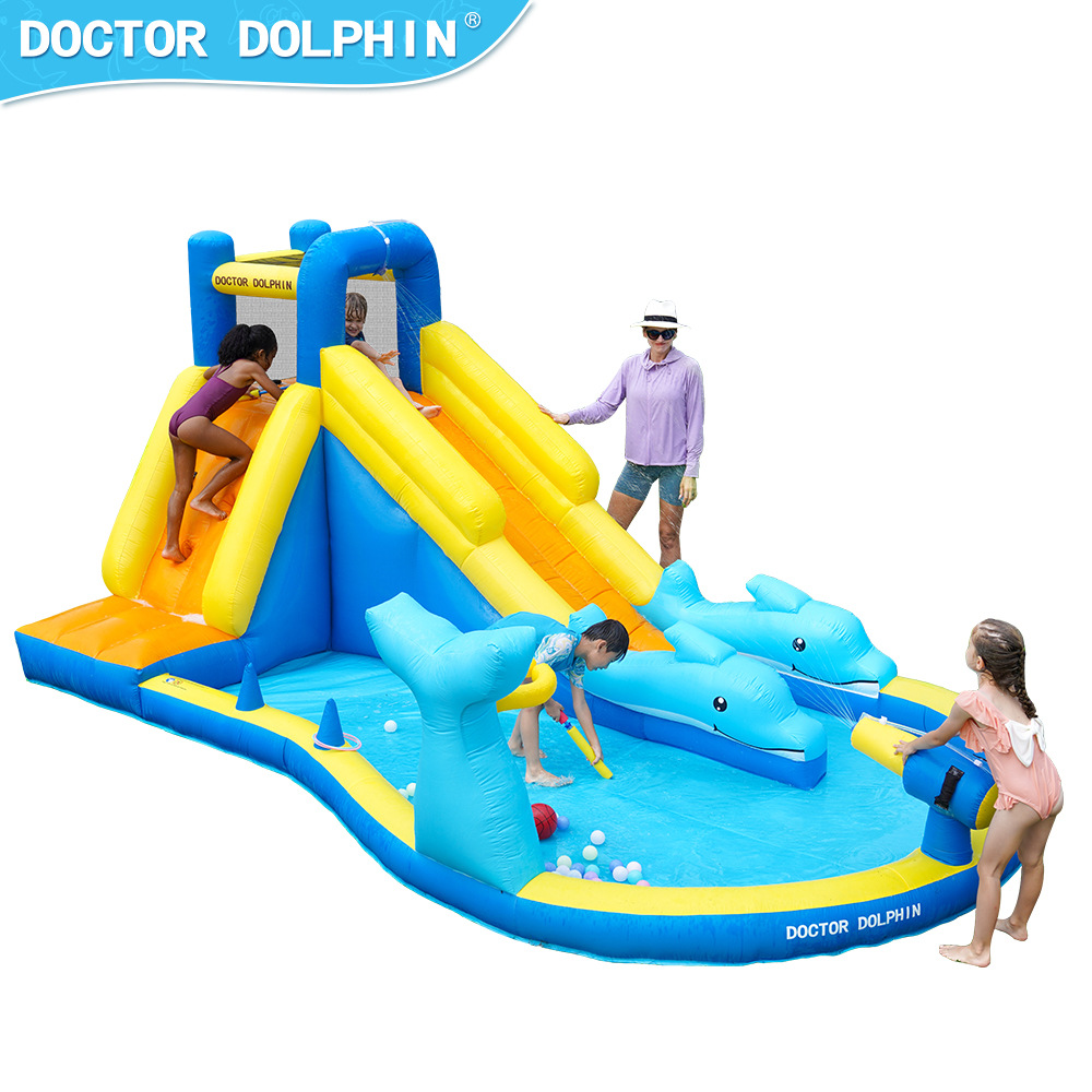 Castillo inflable para juegos acuáticos, mini parque infantil para uso doméstico, trampolín con escalera larga para interiores y exteriores, castillo inflable con piscina de olas