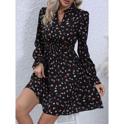 Trendy Women's Skirt—2024 Autumn New Arrival: Cross-Border E-commerce, European and American Style, Amazon—Off-Shoulder Long-Sleeved Waist-Hugging Floral Dress