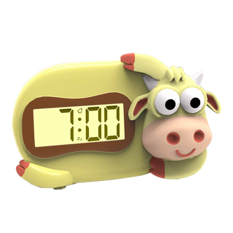 新款牛太郎睡姿座钟儿童卡通萌宠多功能夜灯闹钟卧室起床贪睡闹钟