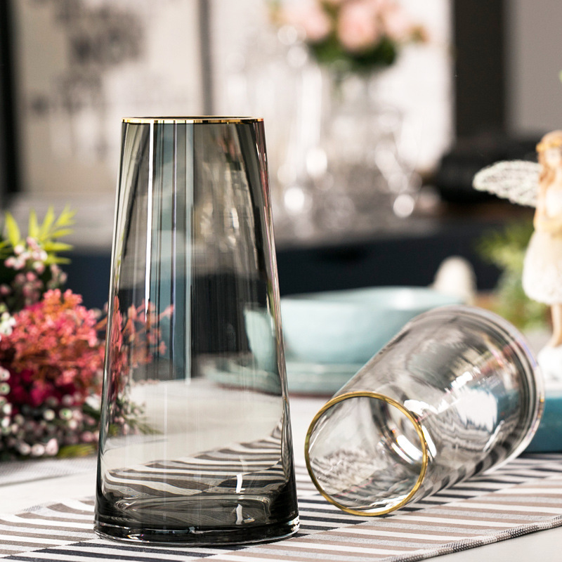 Light luxury gilded glass vase, transparent Nordic minimalist living room creative dining table lily flower arrangement hydroponic flower pot decoration
