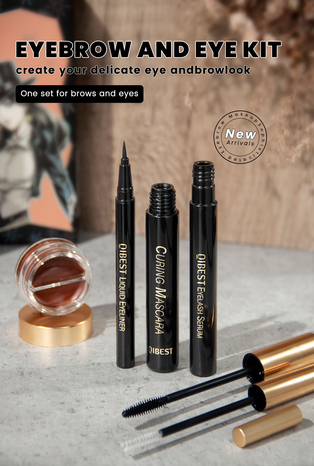 QIBEST Eyebrow and Eye Makeup Set is waterproof, sweat-proof, and does not easily smudge. It offers long-lasting, natural, and three-dimensional eye makeup details Picture