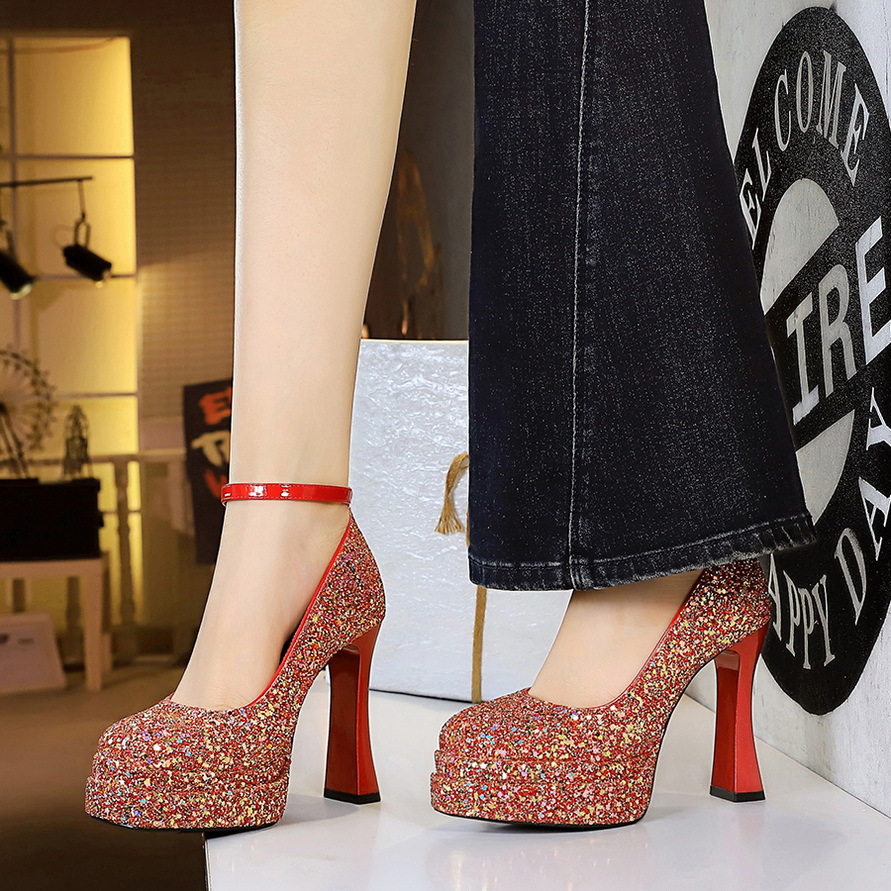 High-heeled Stiletto Pumps For Women With Sequined Round Toe_voghion.com