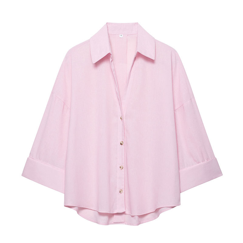 Striped Women's Blouse With Wide Sleeves And Turn-down Collar_voghion.com