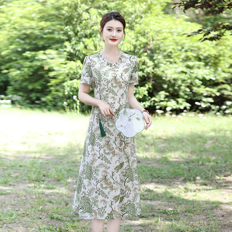 2025 новое платье с короткими рукавами, модное новое платье с цветочным принтом, большой размер, юбка средней длины, закрывающая живот, для похудения