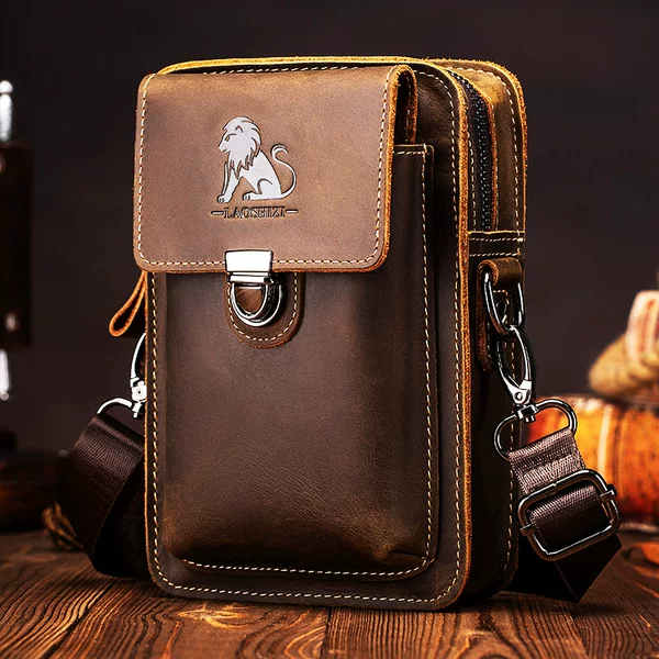 Crazy Horse Leather Men's Genuine Leather Casual Belt Mobile Phone Waist Bag First Layer Cowhide Multifunctional Shoulder Crossbody Mobile Phone Bag