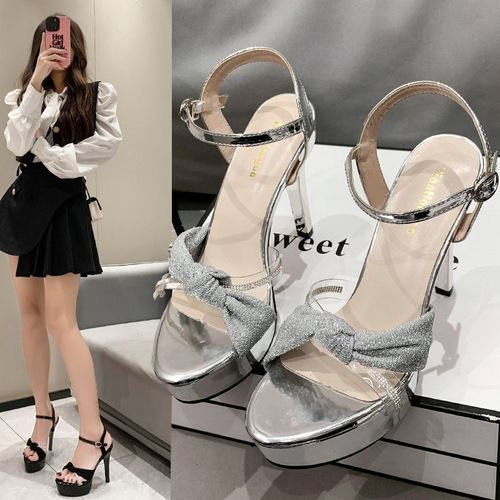 Fish Mouth Cross Sandals Crystal Rhinestone Buckle  Spring Autumn Summer New Style Stiletto Super High Heel Casual Women's Shoes