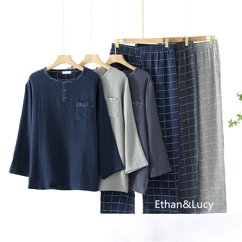 Primavera y otoño nuevo hilo de algodón de los hombres de doble capa lavado textura gasa cuello redondo Plaid pantalones pijamas hogar desgaste traje
