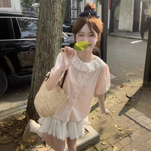 韩系上衣粉色短袖法式夏季女小个子短款泡泡袖蕾丝衬衣
