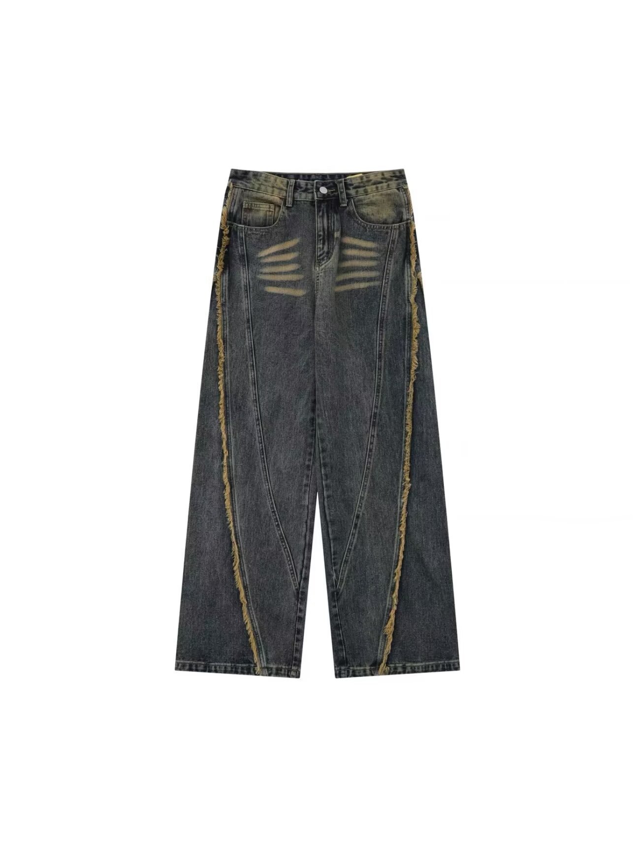 Men's Distressed Straight-Leg Jeans Vintage Washed High Street Denim Pants Raw Hem Slight Flare_mkmklike.com