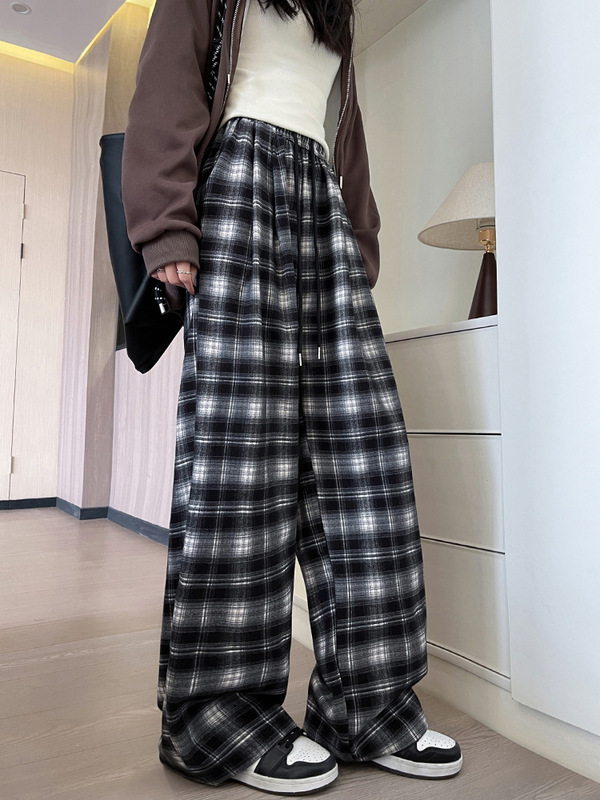 复古格子山本阔腿裤女秋季新款慵懒风高腰直筒垂感显瘦拖地休闲裤|undefined