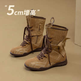 复古拳击靴女春秋季新款户外时装靴马丁靴小个子内增高中筒德训靴