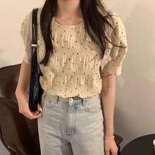 韩国chic夏季复古简约减龄波点小清新圆领褶皱宽松短袖衬衫上衣女