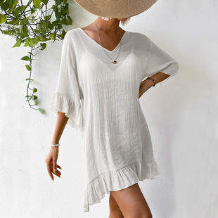 Cross-border Explosions Beach Blouse Skirt Amazon Hot Sunscreen Skirt Back Butterfly 2023 New V-Neck Flare Sleeve