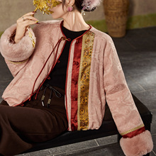 中国风獭兔毛袖口复古织带拼接设计羽绒服粉色温婉保暖外套 NX032