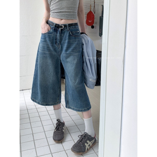 Vintage Cowboy Women's Summer Thin High-Waisted Loose Slimming Plus Size Straight Leg Wide Leg Over-Knee Seven-Eighth Pants