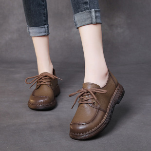 Handmade Genuine Leather Soft-Soled Casual Small Leather Shoes for Women, New Autumn Comfortable Lace-Up Cowhide Flats, Retro Women's Shoes with Thick Soles