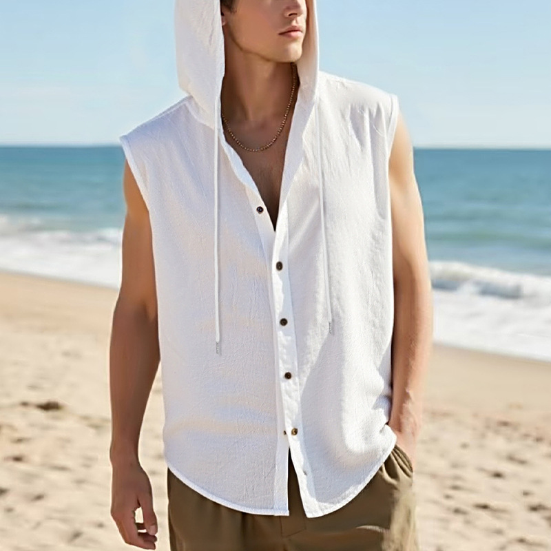 Nuevo transfronterizo Amazon nuevo estilo americano de verano hombre relajado casual lino sólido con capuchón camisa sin mangas
