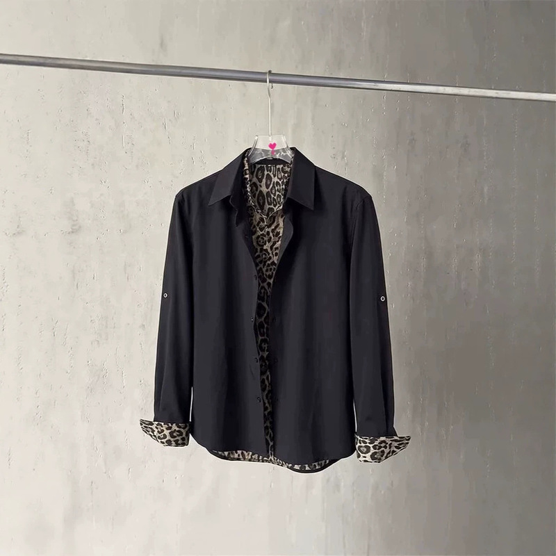Niche leopard print patchwork black long-sleeve shirt, high-end men's design, loose and fashionable, faux two-piece shirt jacket