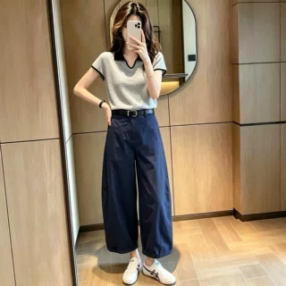 秋季一整套穿搭女2026新款高级感条纹polo领针织衫阔腿裤两件套装