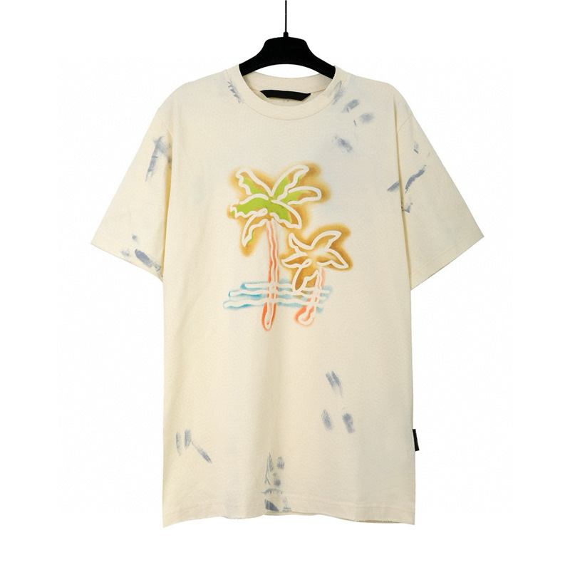 25Ss High Version American Trendy Summer New Men's and Women's Couple Style Palm Tree Angel Print Trendy Brand Short-Sleeved T-Shirt