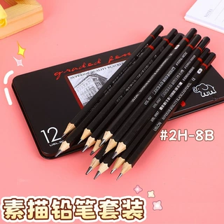 跨境素描笔套装12支盒装2H-8B素描绘画美术铅笔铁盒文具用品批发