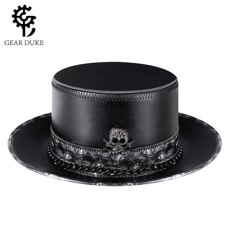 Halloween Amazon European and American punk plague doctor neutral magic hat PU leather skull chain gentleman hat female