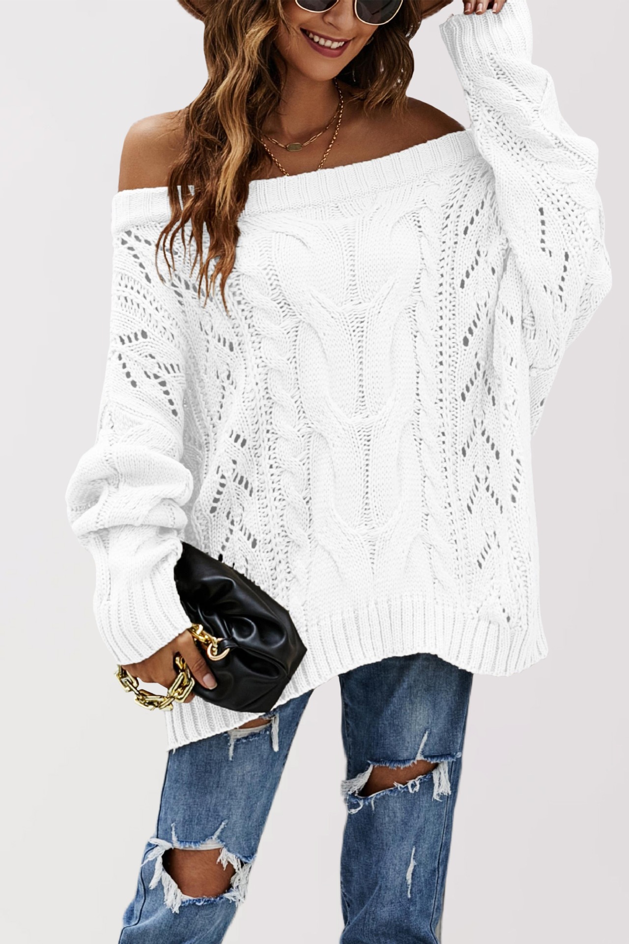 Suéter de punto holgado con hombros descubiertos de talla grande para mujer, estilo europeo y americano, otoño/invierno 2026, suéter tipo jersey de color liso con hombros descubiertos para mujer, ideal para Amazon.