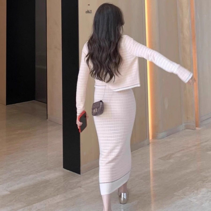 小香风甜美针织开衫女春季修身显瘦内搭收腰吊带裙长裙上衣两件套|undefined