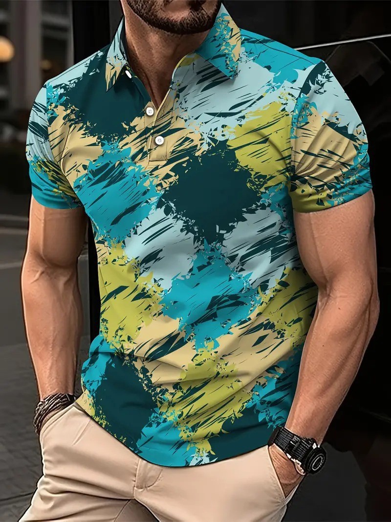 Polo de hombre con estampado 3D para comercio transfronterizo 2025, camiseta polo sin mangas informal con patrón para hombre, estilo D de seda helada.